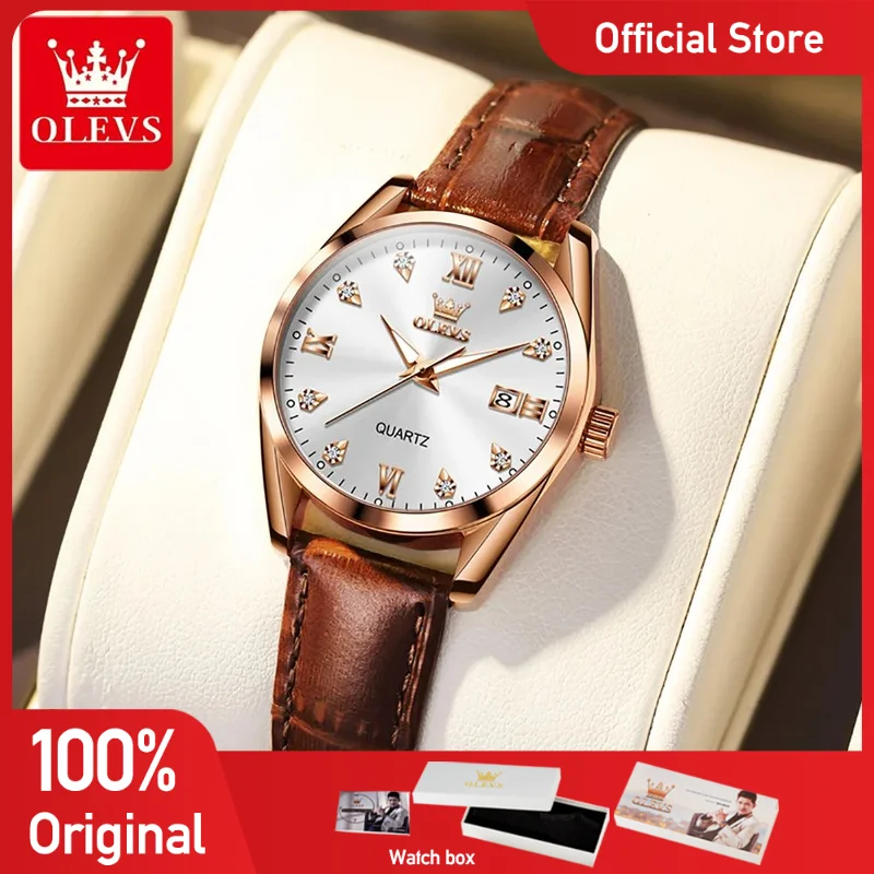 

OLEVS 5522 Women Watch Quartz Wristwatch Automatic Date Leather Strap Waterproof Luminous Watch Bracelet Set Ladies' Gift Box