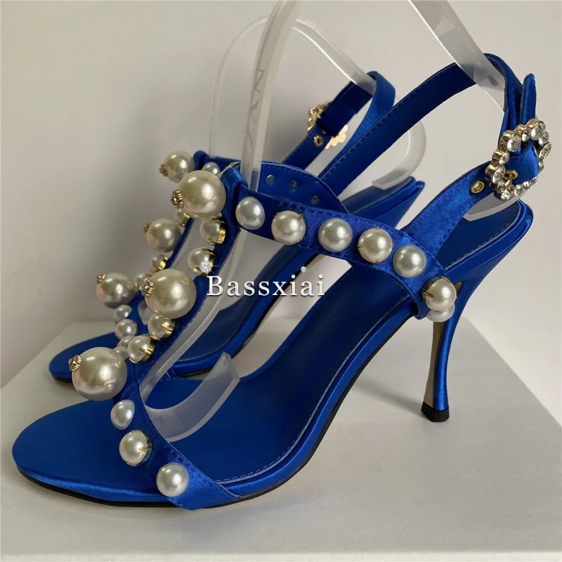 لؤلؤة حبة ديكور T-حزام خنجر كعب الصنادل للنساء الفاخرة الساتان الكاحل Strappy أحذية الحفلات 10 سنتيمتر الصيف #4