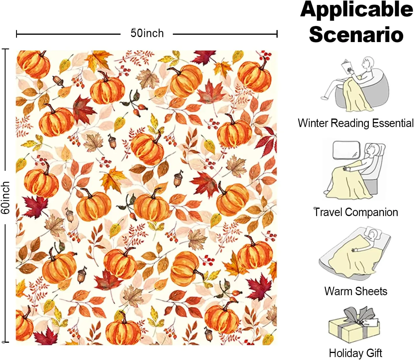Fall Blanket, Orange Thanksgiving Fall Pumpkin Maple Leaf Blanket, Flannel Soft Warm Cozy Blanket for Sofa and Chair 50x60inch