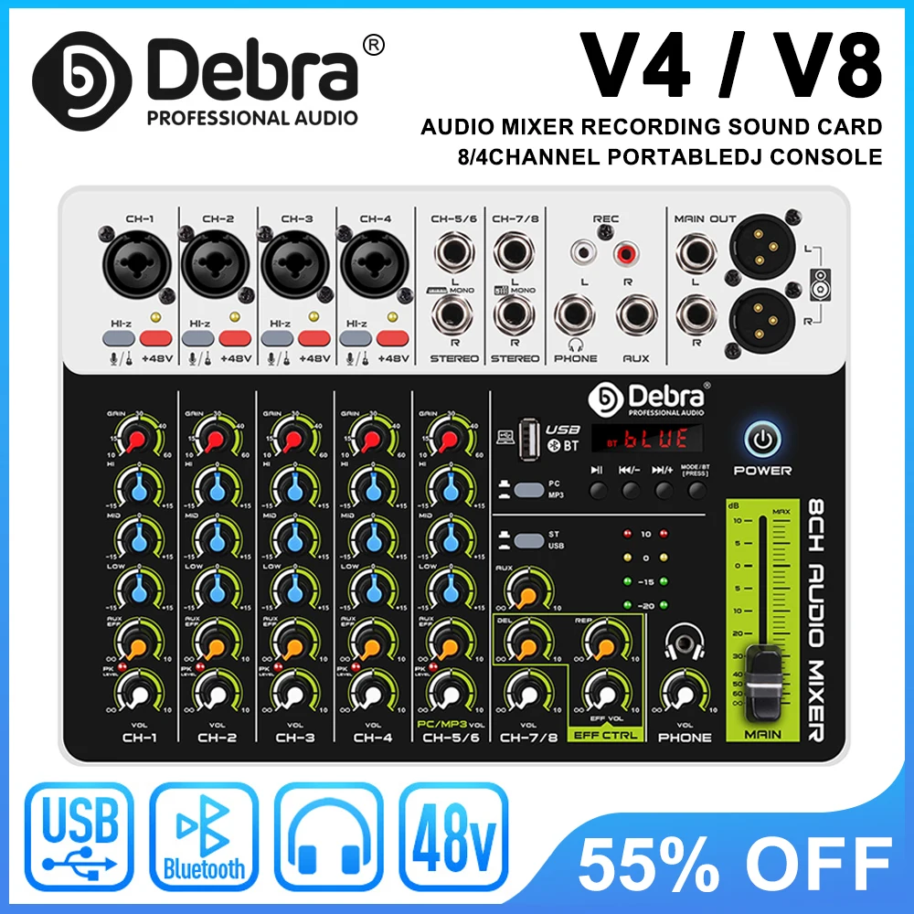 

Аудиомикшер Debra V4/V8 с фантомным питанием Bluetooth 5.0 и USB, DJ-микшер для записи на ПК с эффектами задержки и повторной отправки