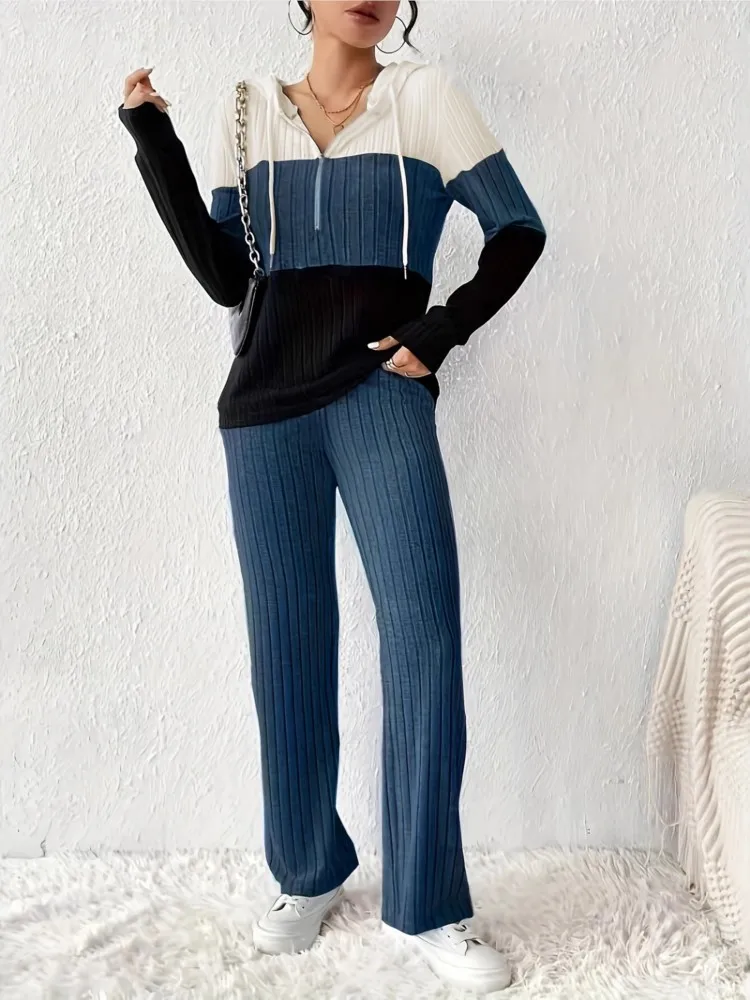 

Autumn Winter New Stitching Contrasting Hooded Sweatshirt Women 2 Piece Set Leisure Knitted Long Sleeve Set Fashion Pants Sets