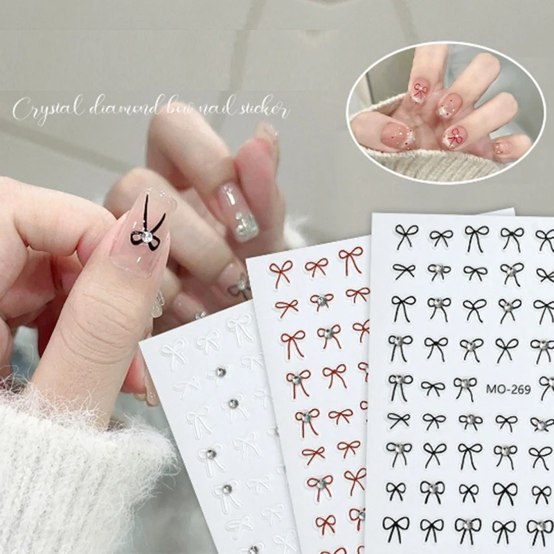 5D 엠보싱 네일 아트 스티커 다이아몬드 스터드 레드 블랙 화이트 보우 매듭 데칼 네일 팁 매니큐어 장식