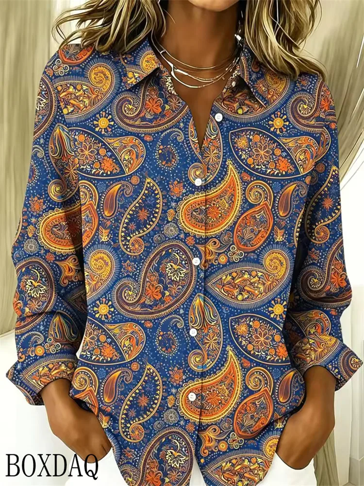 Women's Long Sleeved Lapel With Cashew Flower Print Button Down Casual Shirt For Spring And Autumn Elegant Daily Women's Top