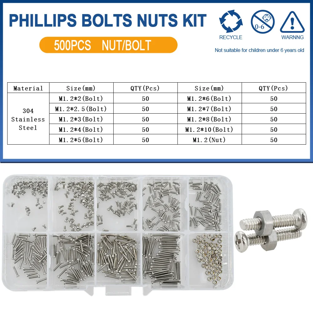 600-Piece Small Screws & Nuts Assortment Kit – 12 Sizes M1 To M1.6 Stainless Steel With Plastic Case For Glasses, Watches, Electronics