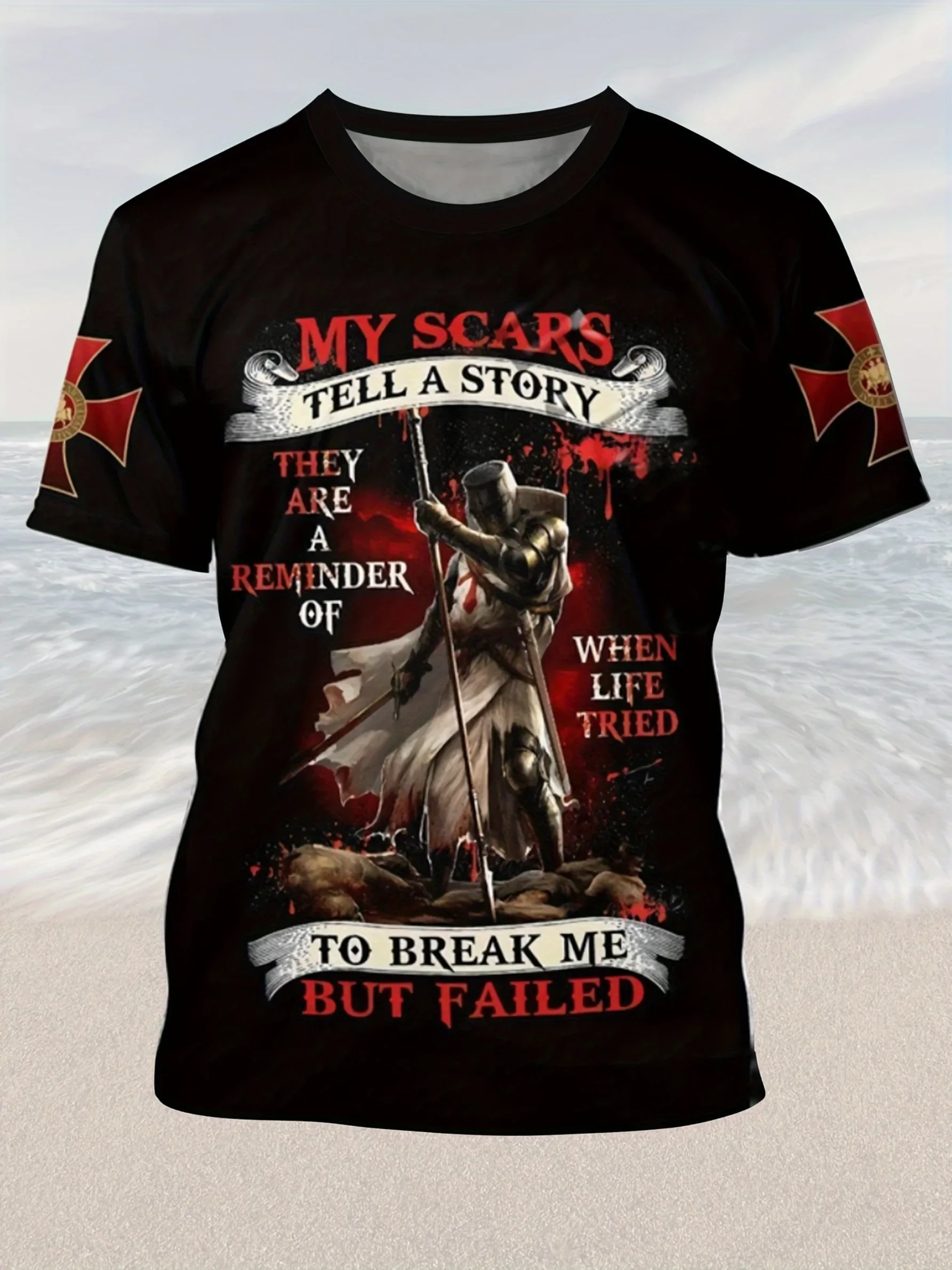 تي شيرت برسومات فارس العصور الوسطى للرجال - جريئة ندوبي تحكي قصة اقتباس تي شيرت - قميص أسود مع لهجات حمراء ملابس رجالية #3