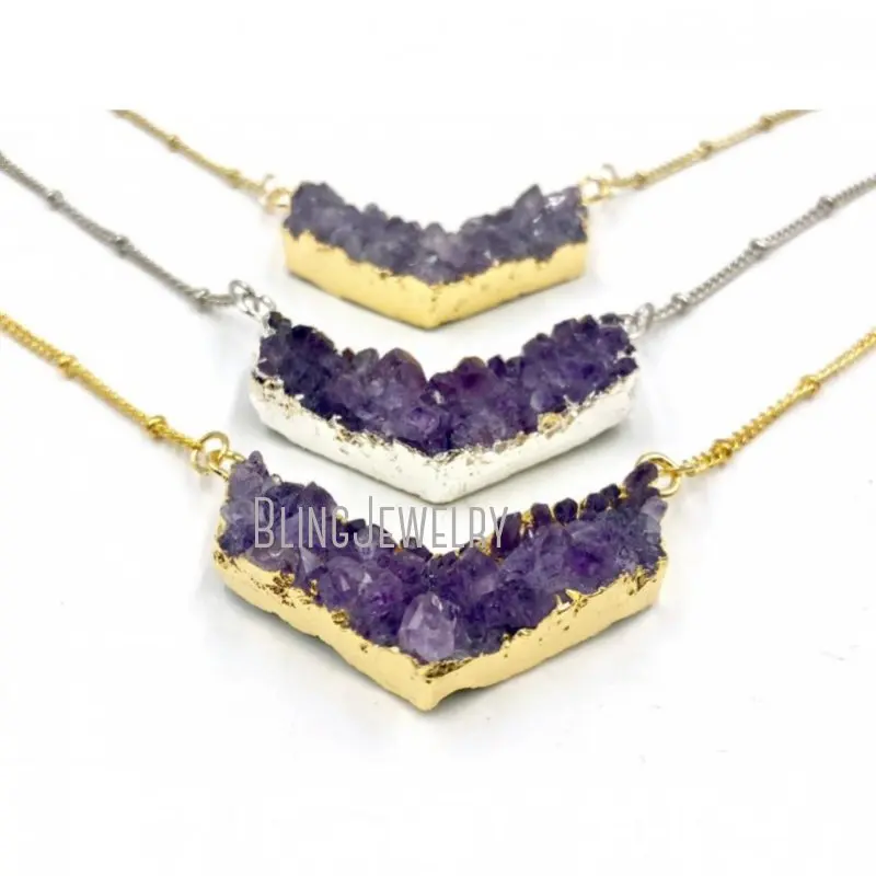 NM41824 Raw Amethyst Point Pendant Chevron Druzy Geode Necklace  Arrowhead  For Women