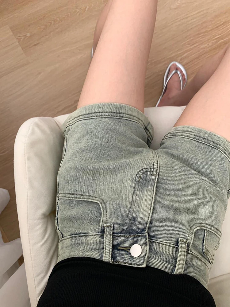 

Широкие джинсовые брюки с высокой талией в американском стиле ретро, женские осенние дизайнерские свободные утягивающие маленькие шорты трапециевидной формы, повседневные джинсы