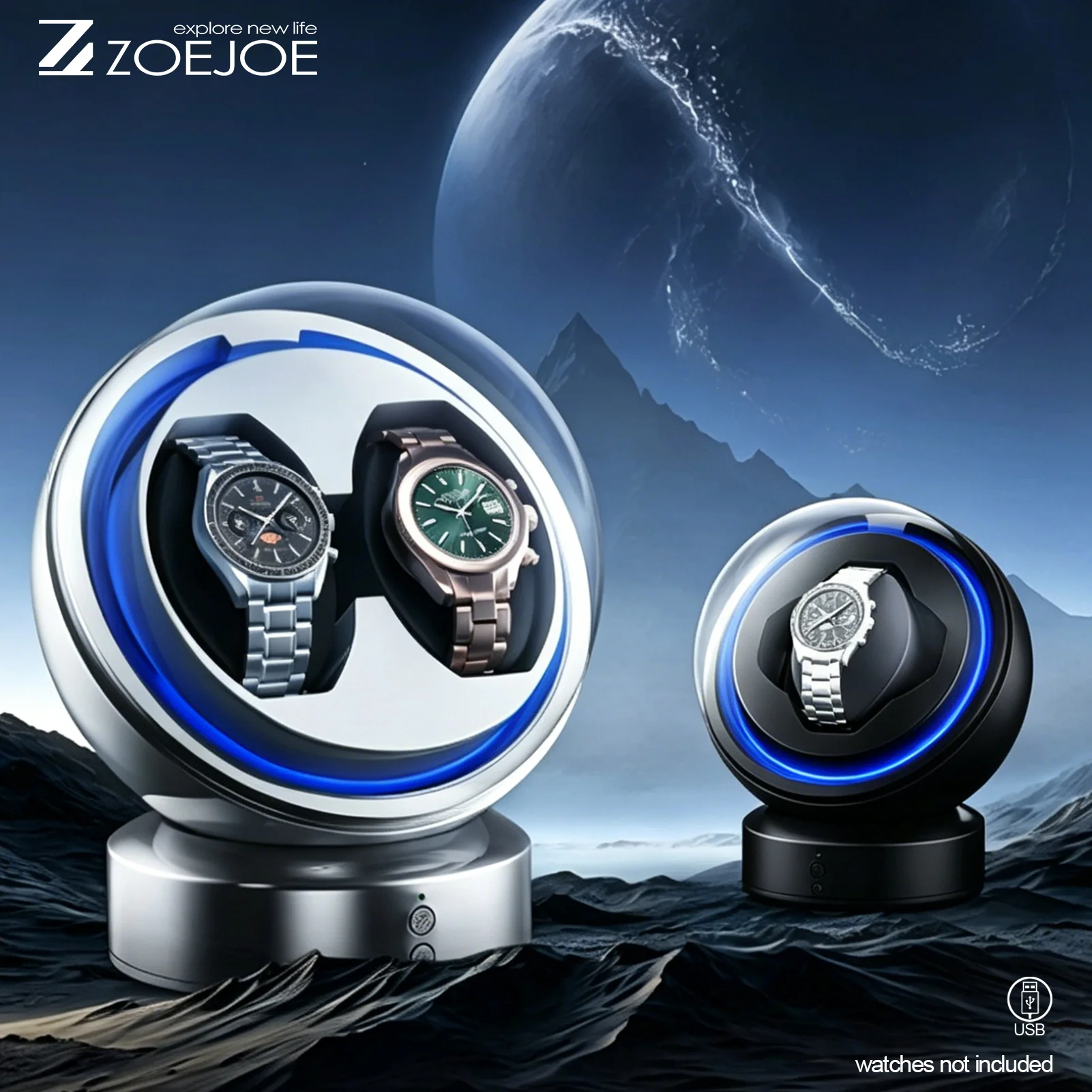 

ZOEJOE Устройство для подзавода часов с 2 слотами, прозрачной крышкой, бесшумным мотором, коробка для хранения часов, USB-кабель, подарок на день рождения для мужчин и женщин