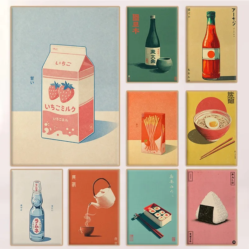 Minimalist Vintage Japanese Food Poster Ramen Milk Sushi Retro Japan Snacks Drinks Canvas Painting Wall Art for Room Home Dec