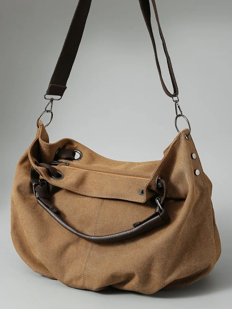 Retro Canvas Tote Bag Large Capacity Crossbody Bag Commuter Single Shoulder Bag American Retro Style Soft Handle Zipper Closure