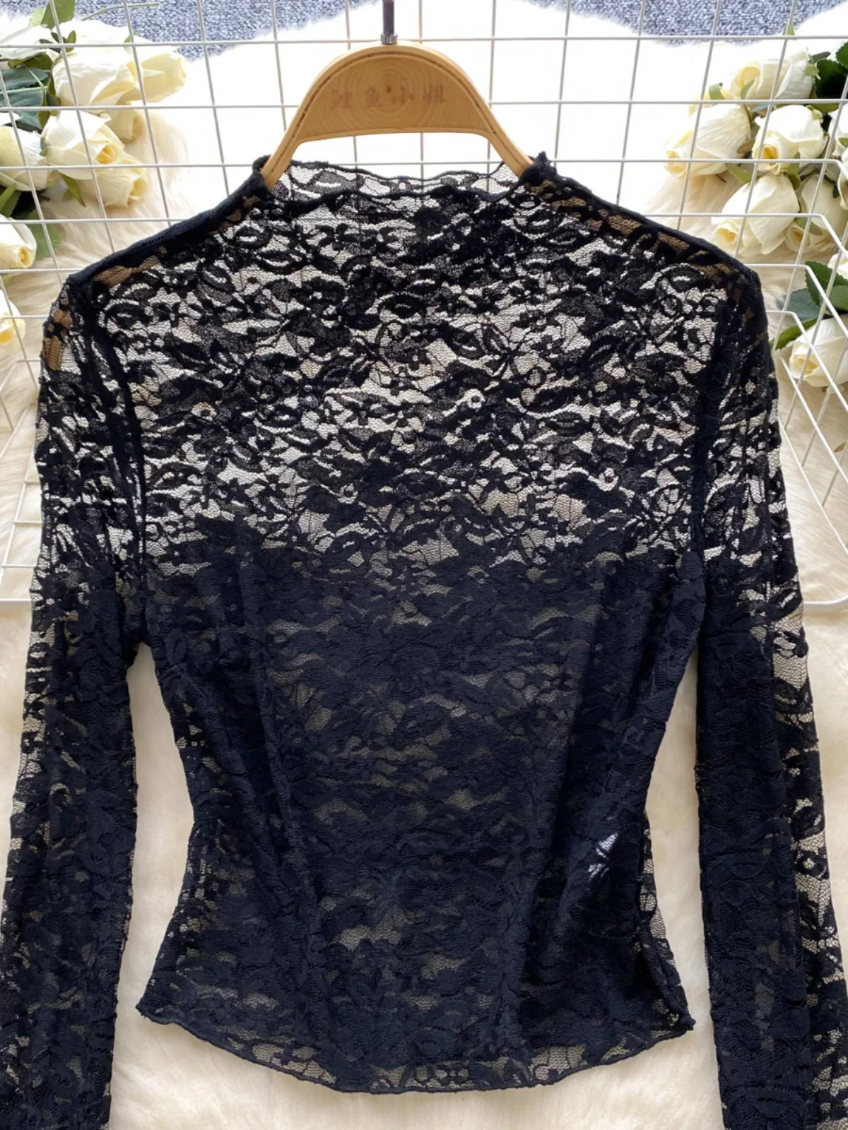 Chic Fashion Black Lace Mesh T-shirt Women's Autumn Hollow Thin Long Sleeve Slim Shirt Tees  Crop Top Y2k Streetwear