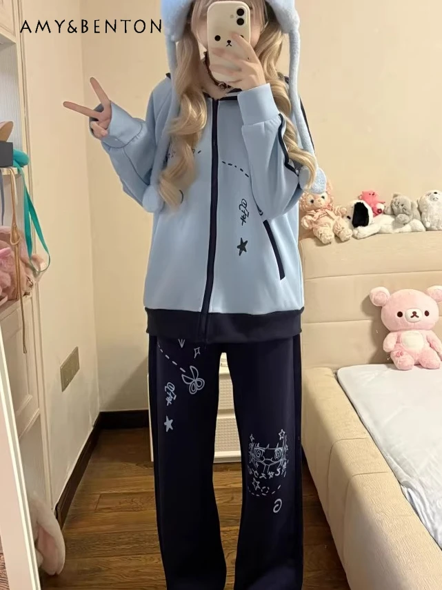 

Original Subculture Navy Collar Sweatshirt Sets Women Sweet Cute Cartoon Print Patchwork Color Jacket Pants Casual Two-Piece Set