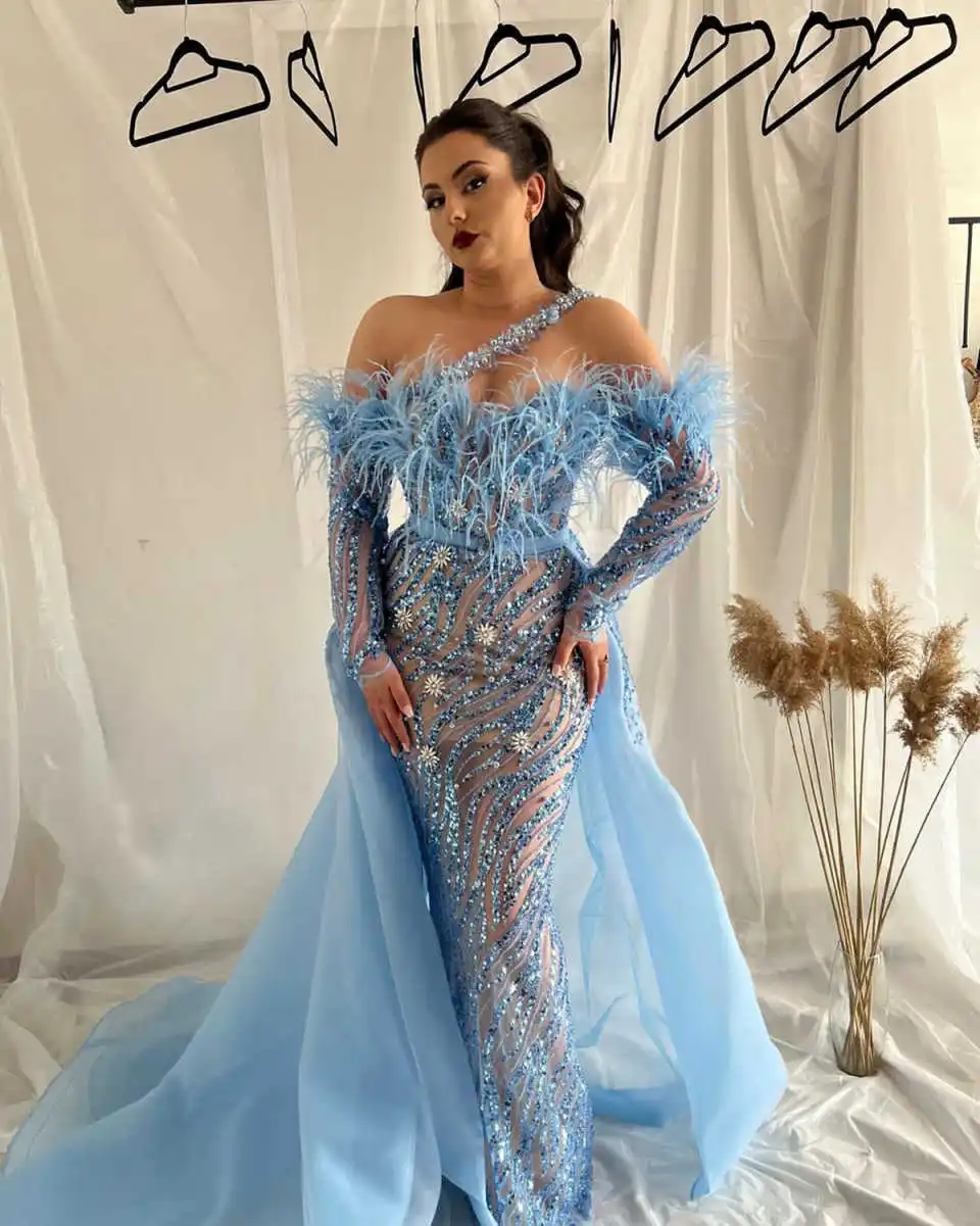 Gorgeous Evening Dresses Mermaid Strapless Feathers Crystals Pearls Backless Prom Party Dress Vestido De Noite Customized