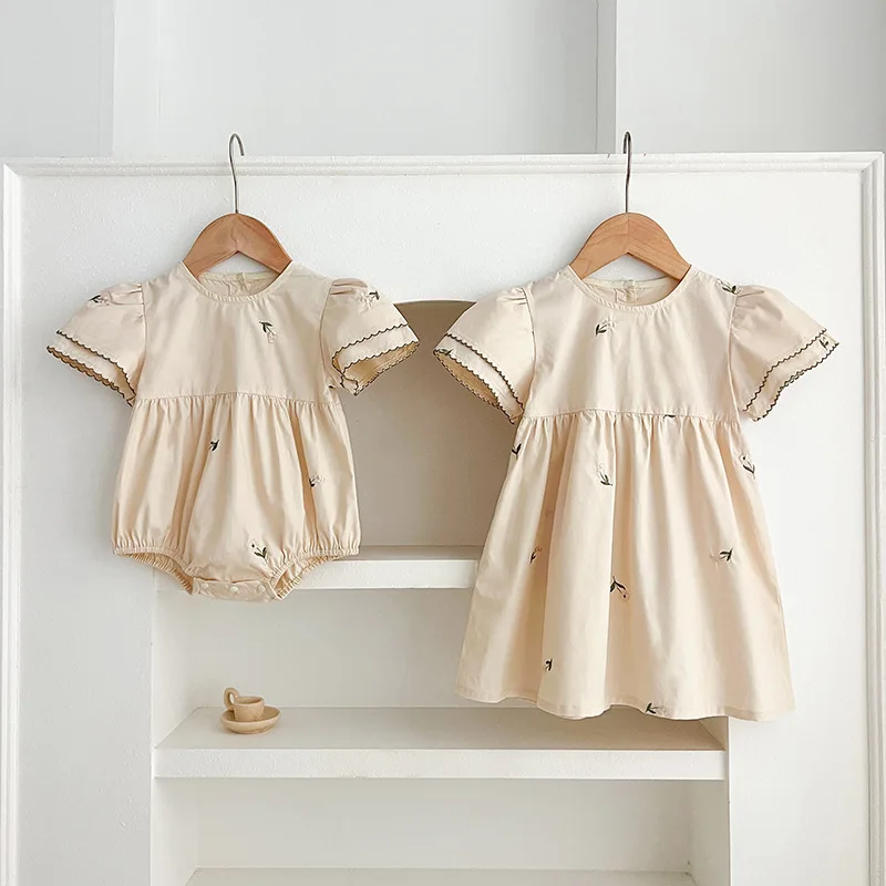 Infant Baby Girls Cute Dress Rompers Sisters Clothes Kids Girls Embroider Flower Princess Dress Beige Family Clothes Rompers