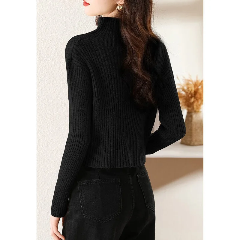 2023 Autumn and Winter Fashionable Temperament Simple Stand Collar Lazy Style Knit Short Sleeved Solid Color Cardigan Sweater