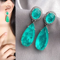925 Silver Needle Retro Large Water Drop Earrings for Women Simulation Paraiba Tourmaline Emerald Wedding Big Earrings Jewelry