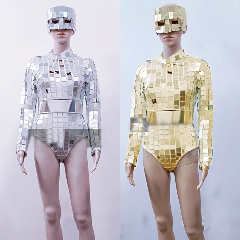 Bar Klub nocny DJ Scena Rave Strój Kostium Tancerki Gogo Kobiety Lustra Pole Dance Body Maska Złote Srebrne Okulary Ubrania XS10427