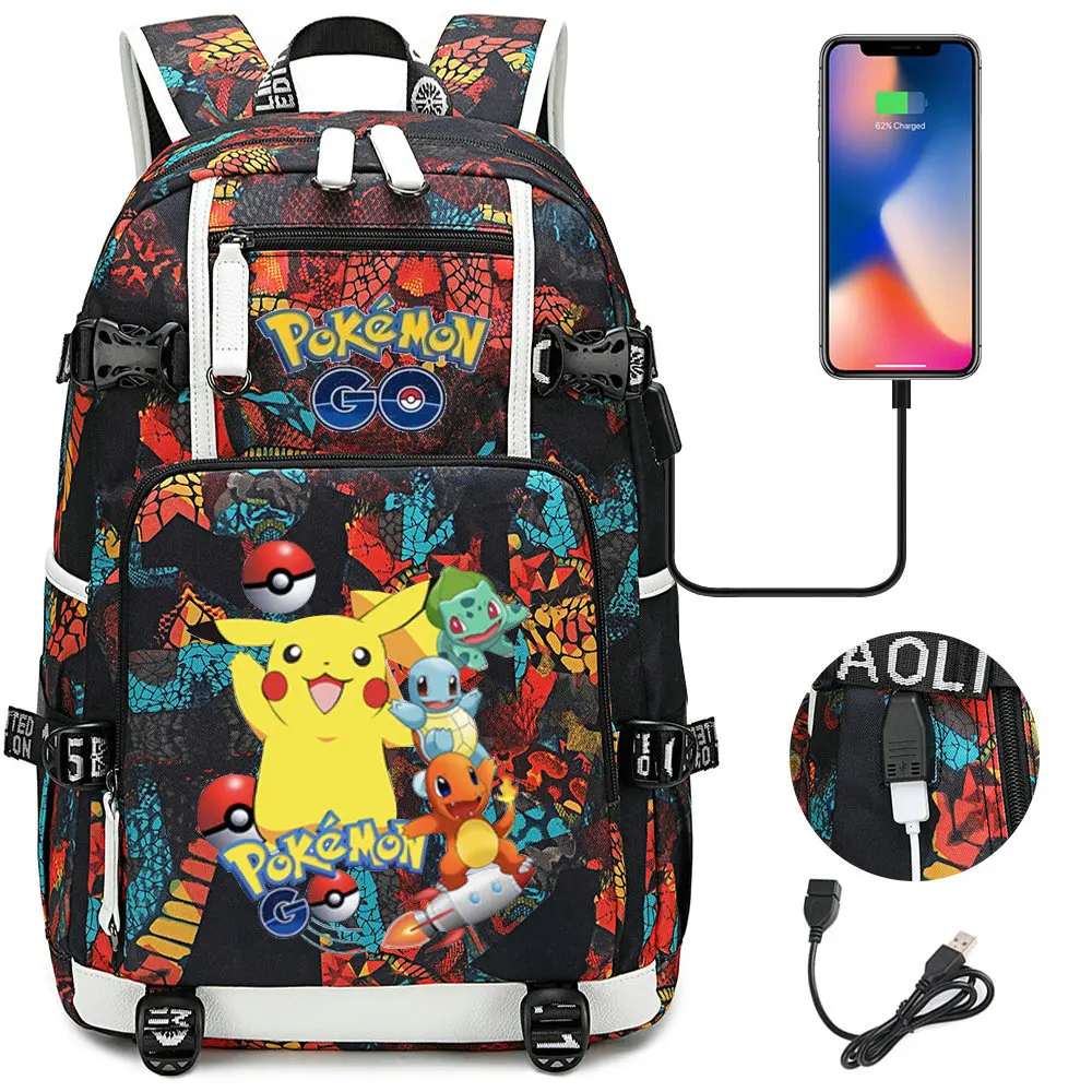 POKEMON Pikachu Backpacks Camouflage USB Teens School Bags Waterproof Boys Girls Casual Travel Laptop knapsacks