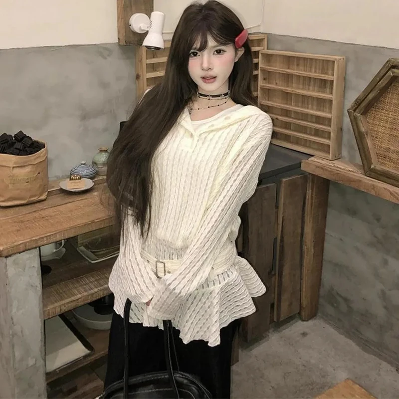 Sweat-shirt à volants ajourés pour femmes, blanc, Simple, manches longues, ceinture, Streetwear, Harajuku, Hottie, mode, tous assortis, nouveaux hauts