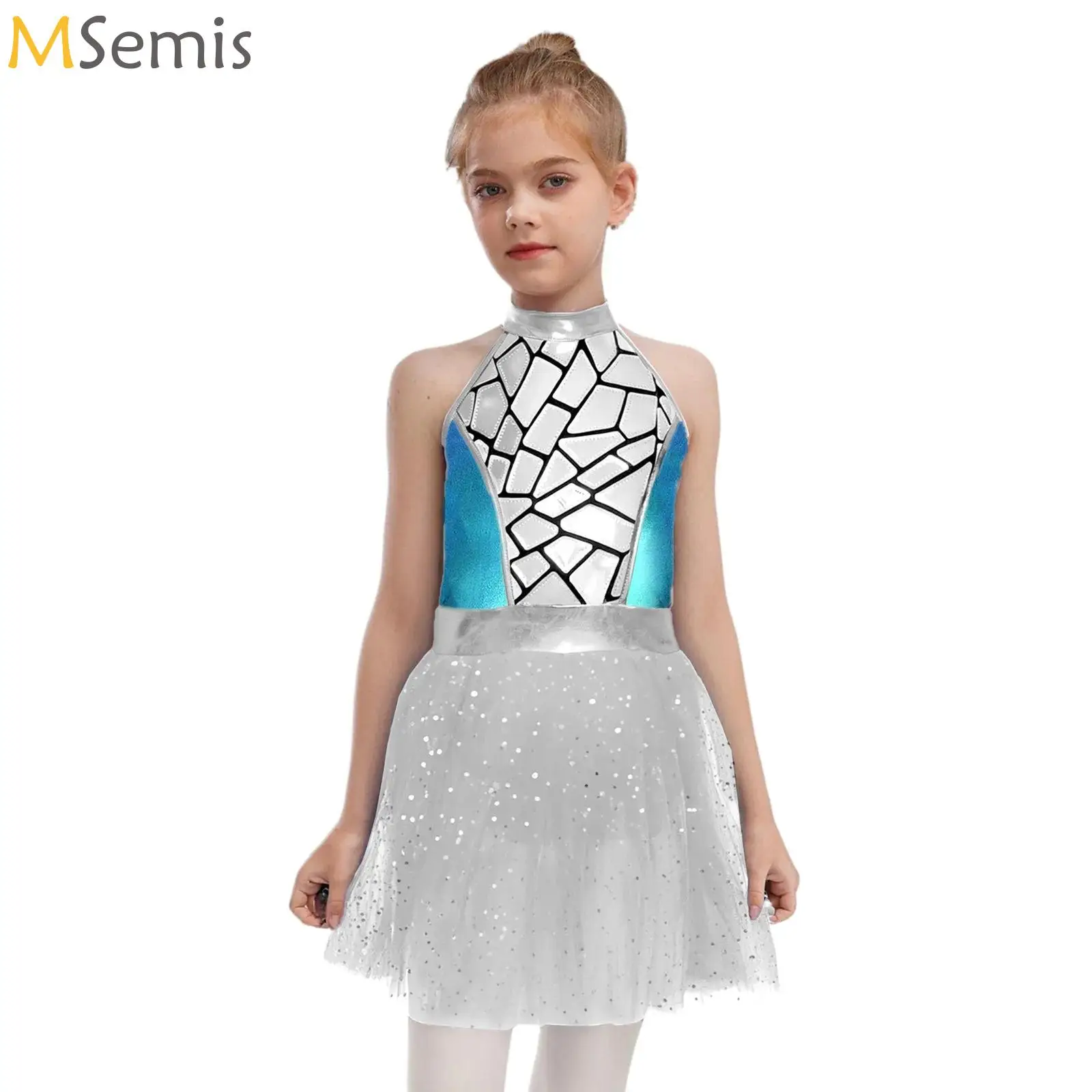 

Girls Metallic Alien Outerspace Halloween Cosplay Costume Fling Sleeveless Mirror A Line Tutu Dance Dress for Future World Party