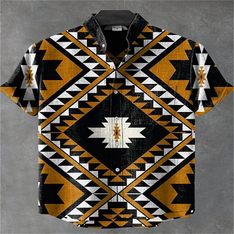 Men's Retro Ethnic Tribal Short Sleeve Shirt Vintage African Style Tops Casual Fashion Holiday Trend Street Men's Shirt