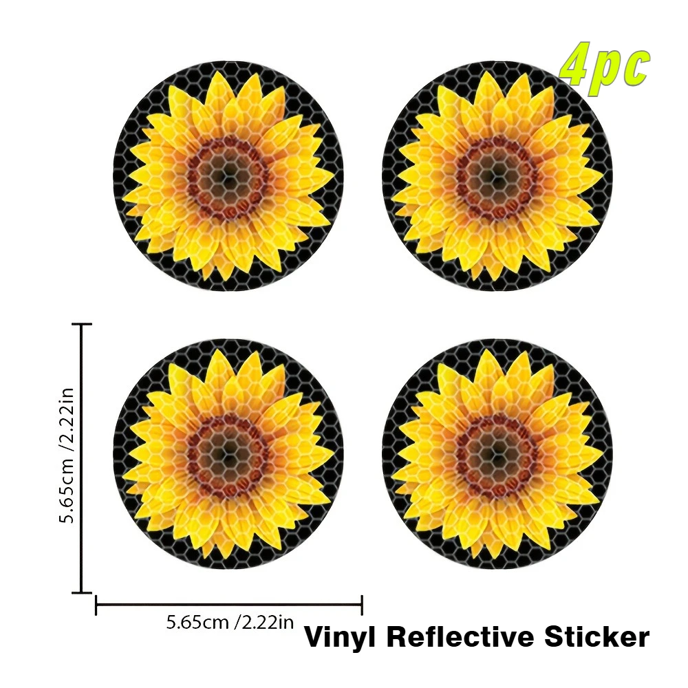 4Pcs Reflective Sunflower Vinyl Stickers, Waterproof Decals For Car Wheel Hub Center Cap Decor, Holiday Gift
