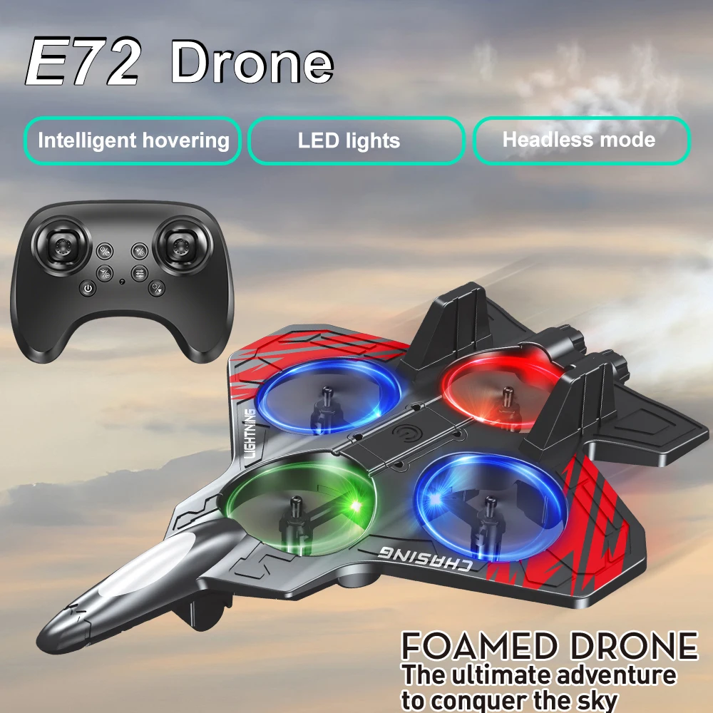 

E72 Высокопроизводительный пенопластовый самолет-трюк, интеллектуальный ховер с фиксированной высотой 360° ° поворотный БПЛА с дистанционным управлением светодиодными фонарями, игрушка-истребитель