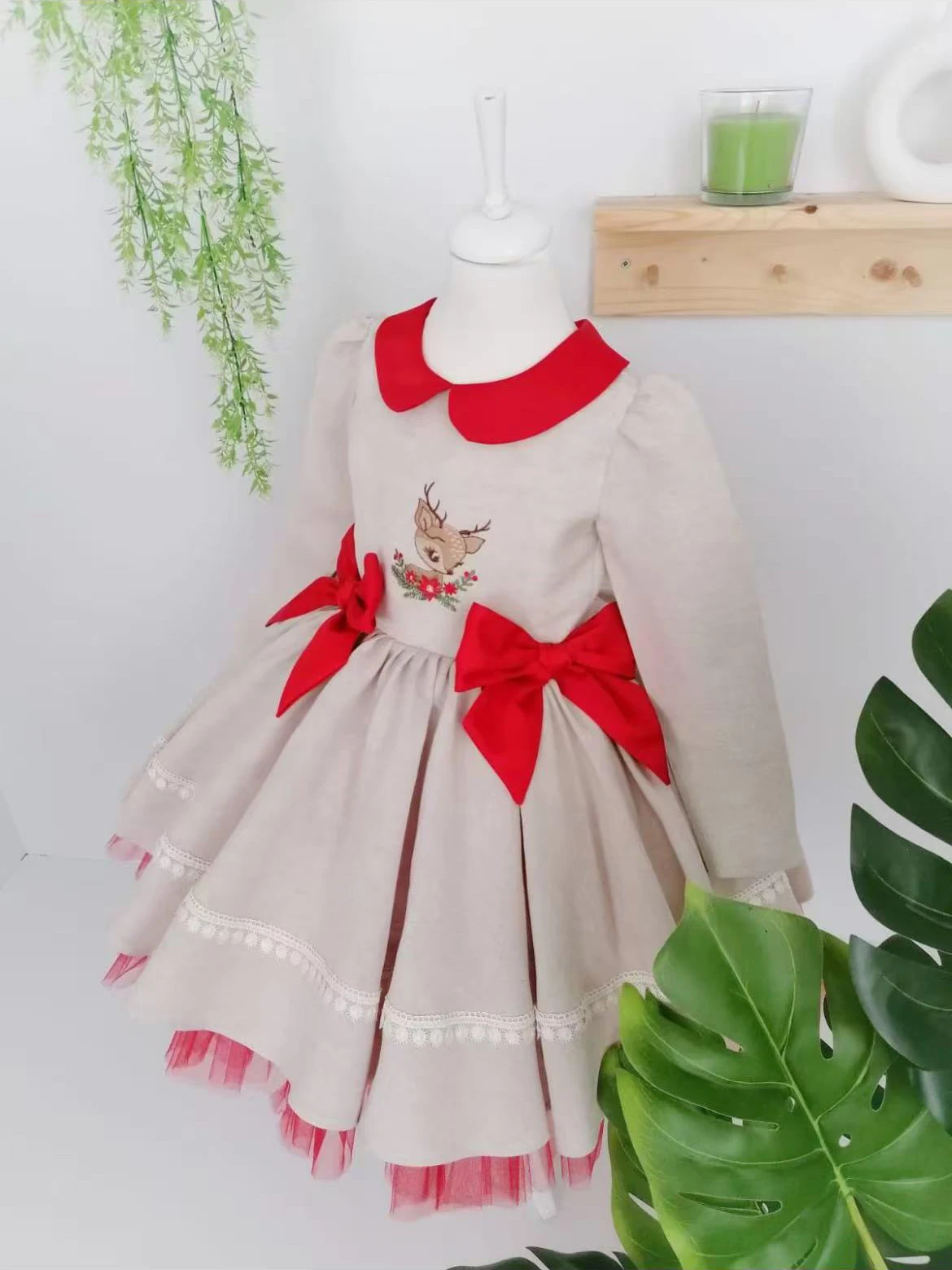 0-12Y Baby Girl Autumn Khaki Deer Embroidery Turkish Vintage Princess Dress for Easter Eid Birthday Party Christmas C85