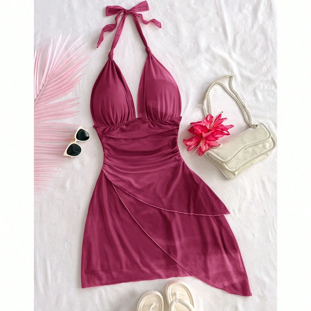 2025 تصميم الأزياء الشعور الشيفون بلا أكمام مثير ضيق عميق الخامس فستان قصير مثير نقي عارية الذراعين #5