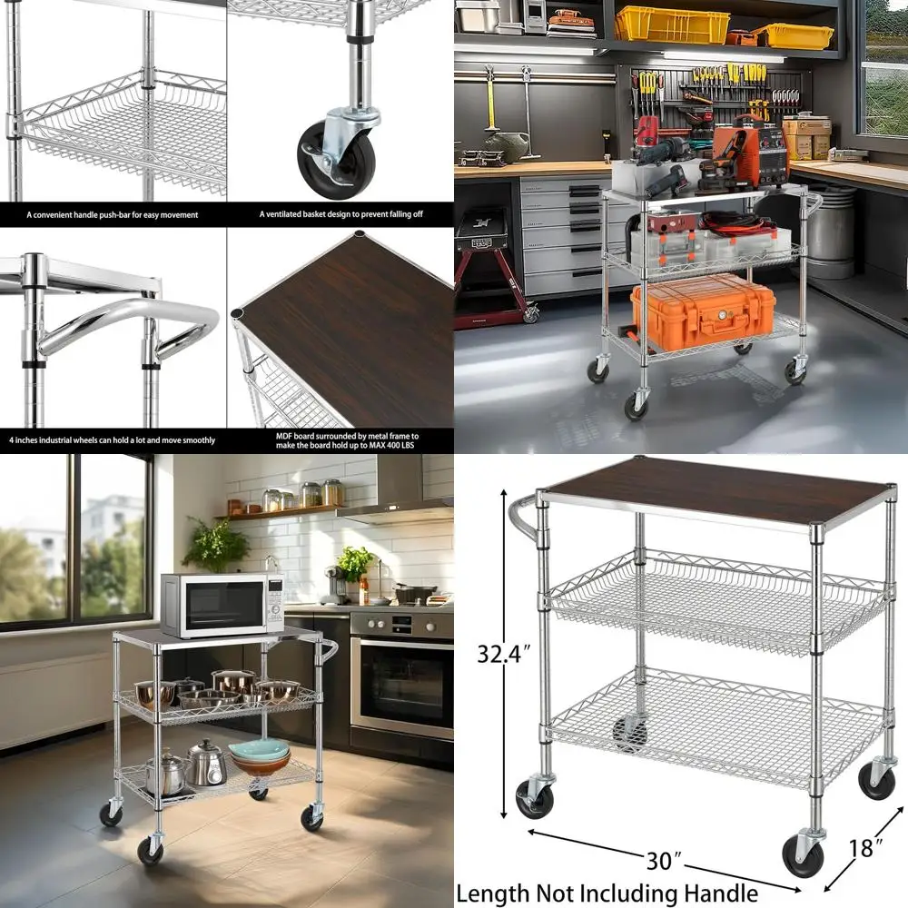 

Прочная трехъярусная универсальная тележка с деревянной столешницей, хромированным металлическим каркасом и грузоподъемностью 600 фунтов