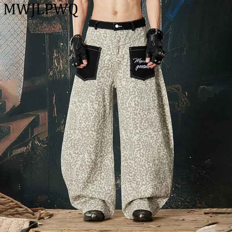 

MWJLPWQ Men's Y2K Wide-Leg Curved Leopard Print Jeans Trendy Pants New Personalized Streetwear Loose Tide Casual Trousers 13610