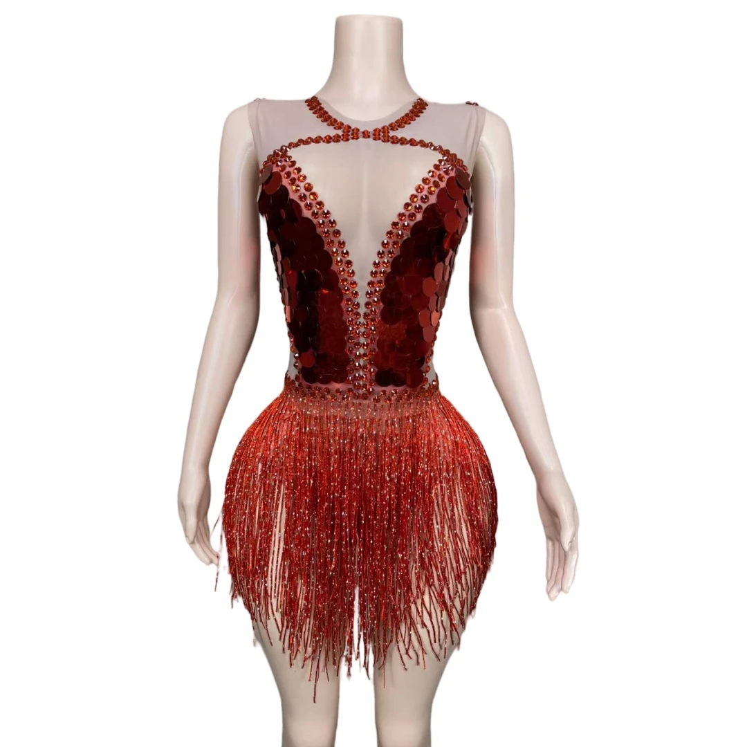 

Fringe Sequins Shinning Bodysuits For Women Red Sleeveless Dance Nightclub Stage Wear Drag Queen Outfit Mesh See Thru Costume