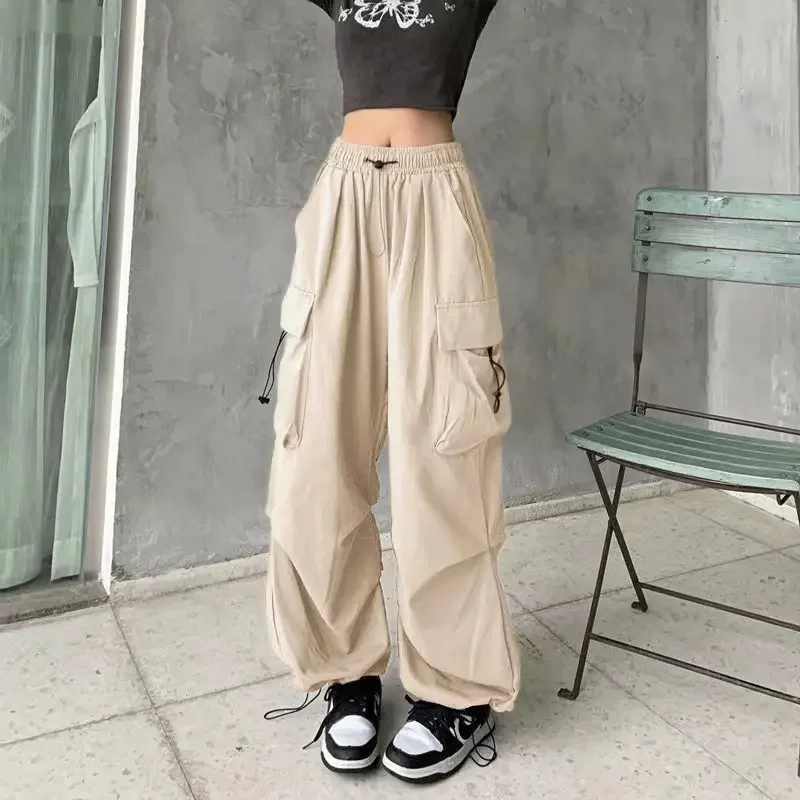 سراويل كارجو عتيقة للنساء ، جيب كبير ، رباط ، سراويل فضفاضة غير رسمية ، خصر مرتفع ، سراويل طويلة ، بنطلون أنيق أحادي اللون ، الموضة