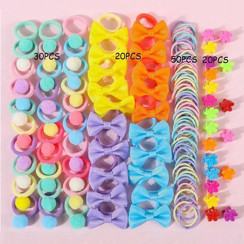 120PCS Hair Accessories Set For Girls Colorful Bowknot Hair Band Children Ponytail Holder Hair Ties Kids Elastic Rubber Bands