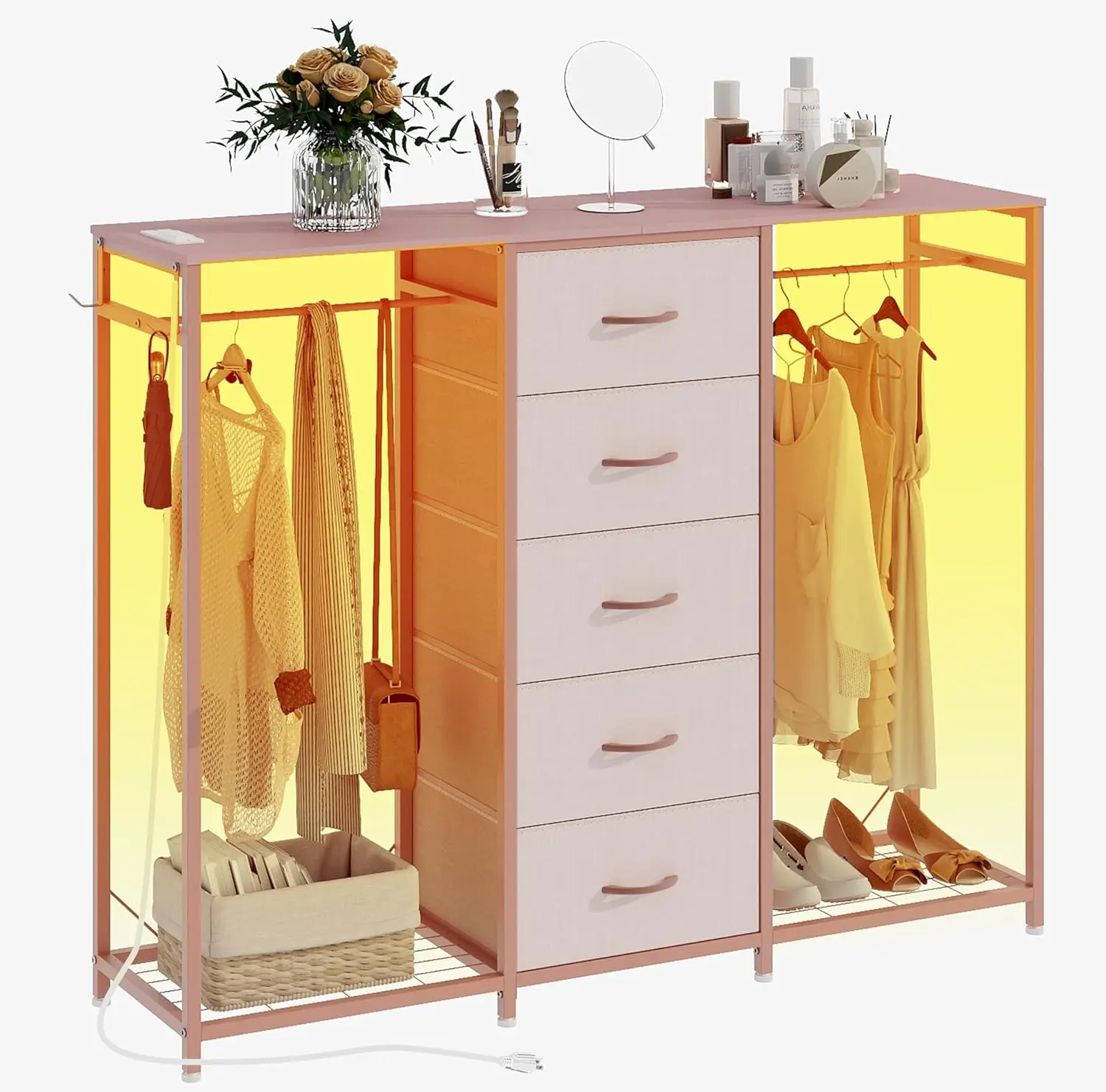 

5-Drawer Dresser with LED Lights, Charging Station & Clothes Rack - Pink Storage for Bedroom