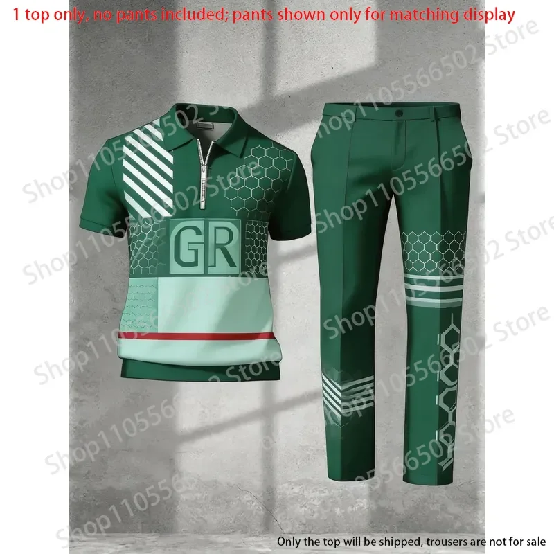 1 top (without pants)-Men's half zip polo shirt,3D honeycomb GR stripe print,summer sport casual breathable men tops