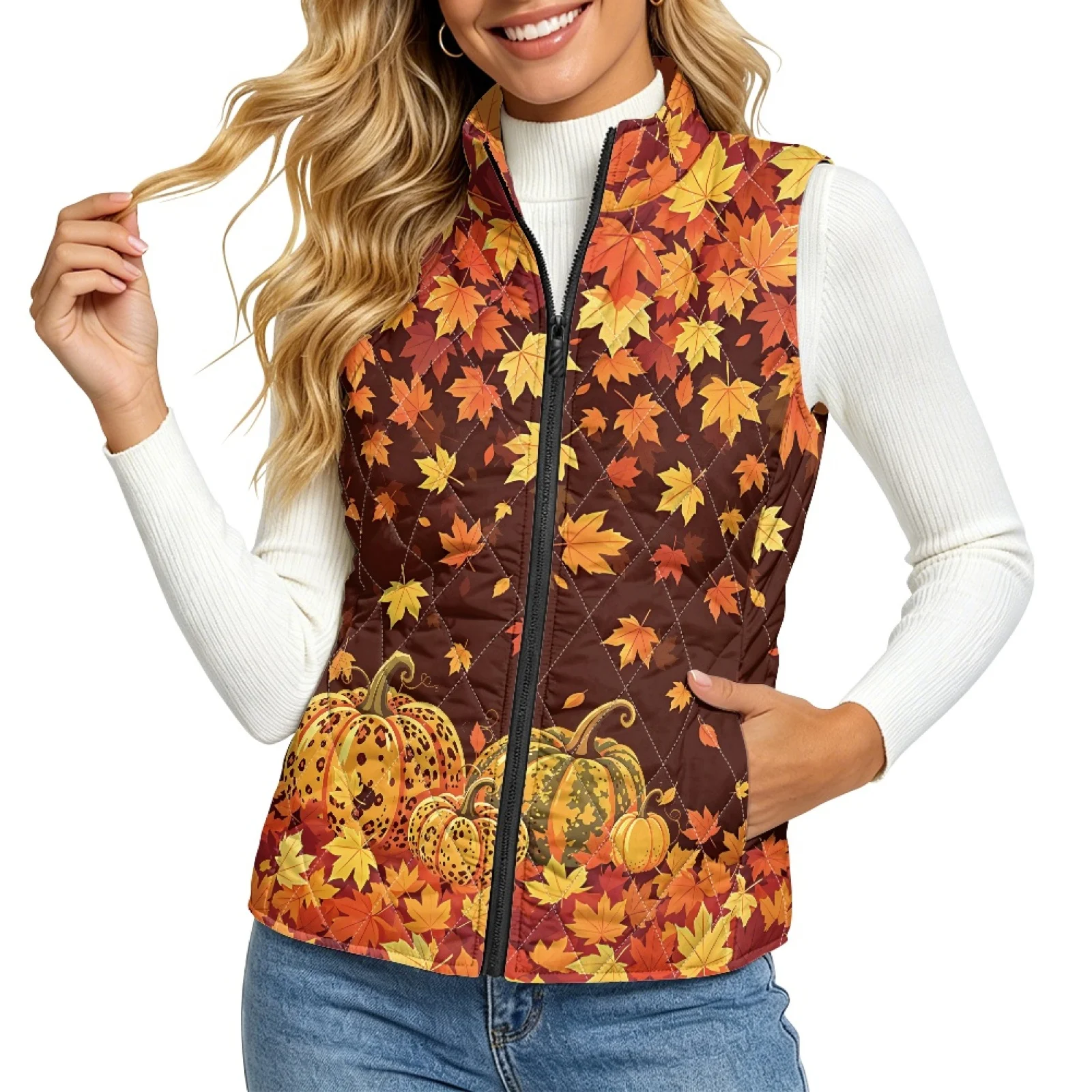 PENSTROLL Maple Leaf Pumpkin Elderly Women Sleeveless Jacket Zip up Women's Quilted Jacket Vest Quilted Jacket Vest for Women