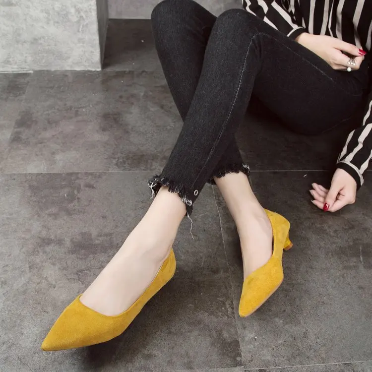 2022 3cm Low Heels Pumps Pointed Toe Dress Shoes Faux Suede Boat Shoes Woman Basic Pump Yellow Work Shoes Ladies Zapatos Mujer