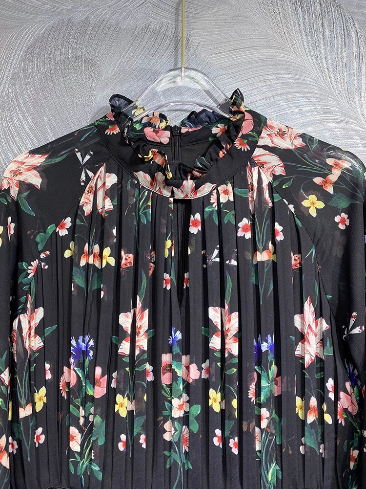 DLDENGHAN Autumn Long Dress Women\'s O-Neck Lantern Sleeve Bow Floral Print Vintage Pleated Dresses Fashion Designer New