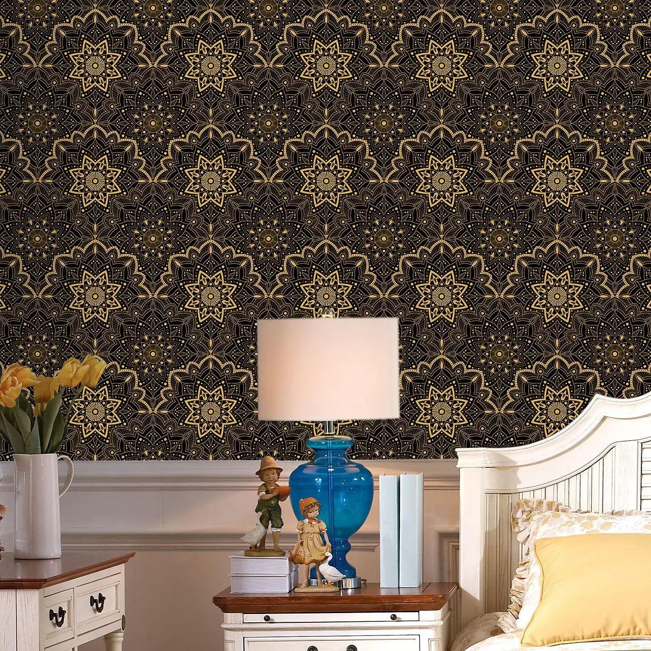 

Обои в стиле бохо, отклеивающиеся и прилипающие темные цветочные контактные бумаги, виниловая самоклеящаяся настенная бумага для комнатного шкафа (золотистая, черная)