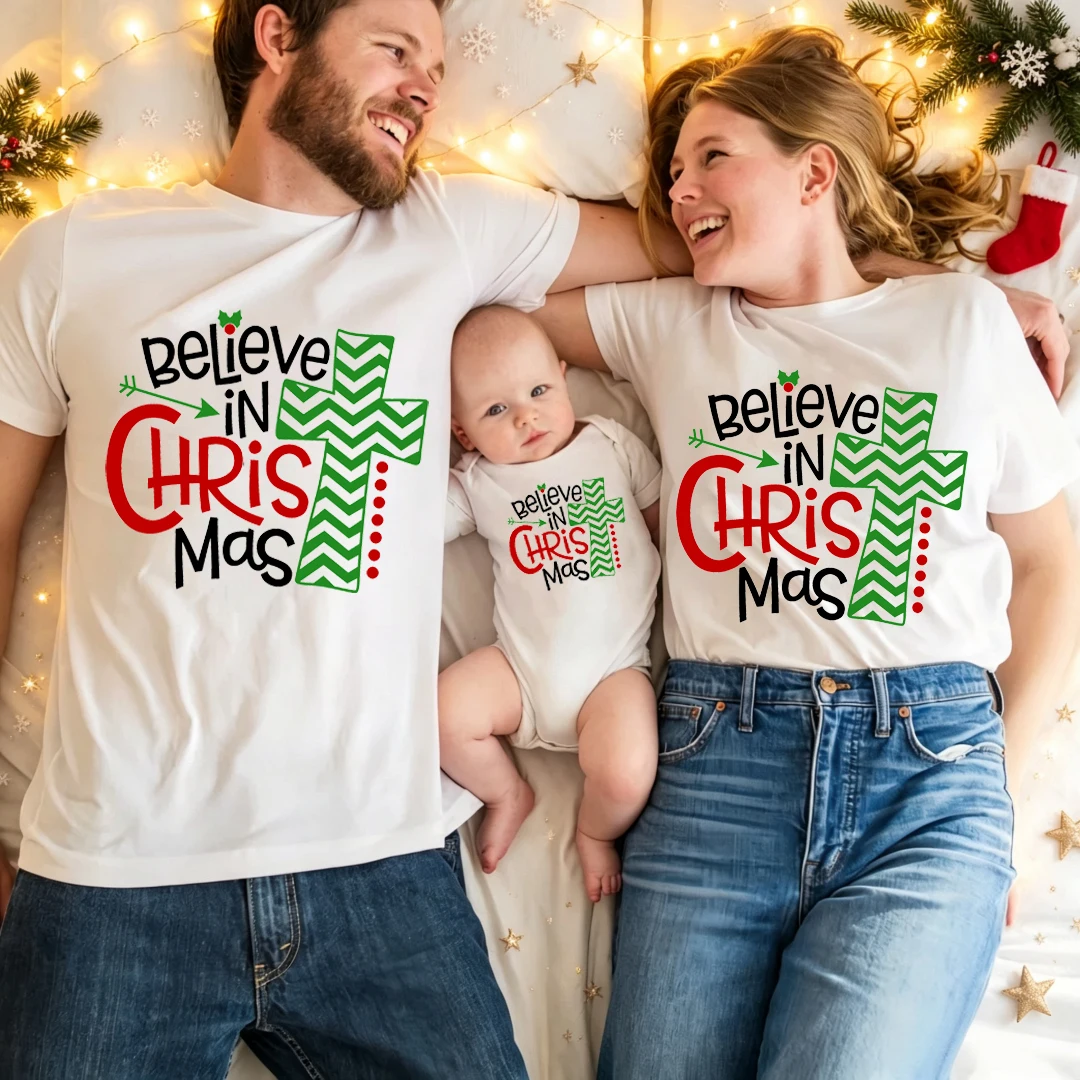 Christmas Family Matching T Shirt Believe in Christmas Print Daddy Mommy and Me Baby Romper Xmas Holiday Short Sleeve Tees Tops
