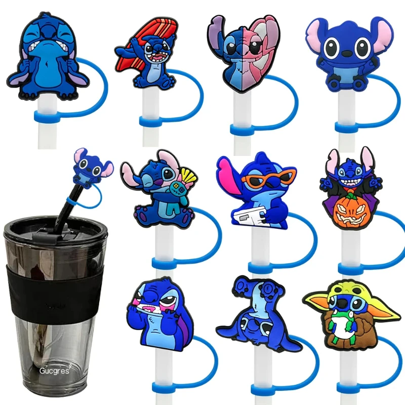 Disney Stitch Straw Decoration Set Cartoon Silicone Straw Dust Cover Birthday Party DIY Decoration Gift for Children 1-6PCS