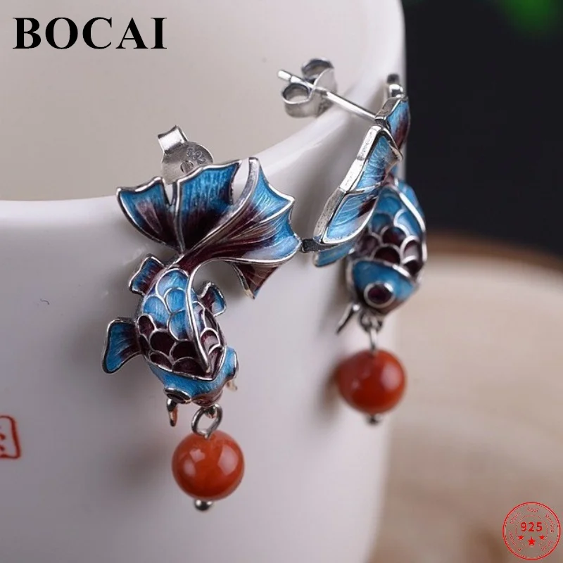 

BOCAI S925 Sterling Silver Ear Studs Retro Old Cloisonne Goldfish Burnt Blue South Rutile Tassel Argentum Earrings For Women