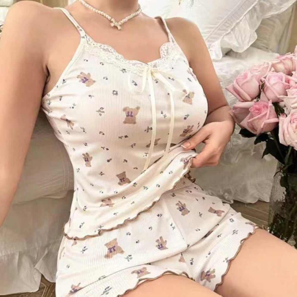 

Womens New Print Lace Camisole Casual Shorts Pajama Sets Fashion Home Wear