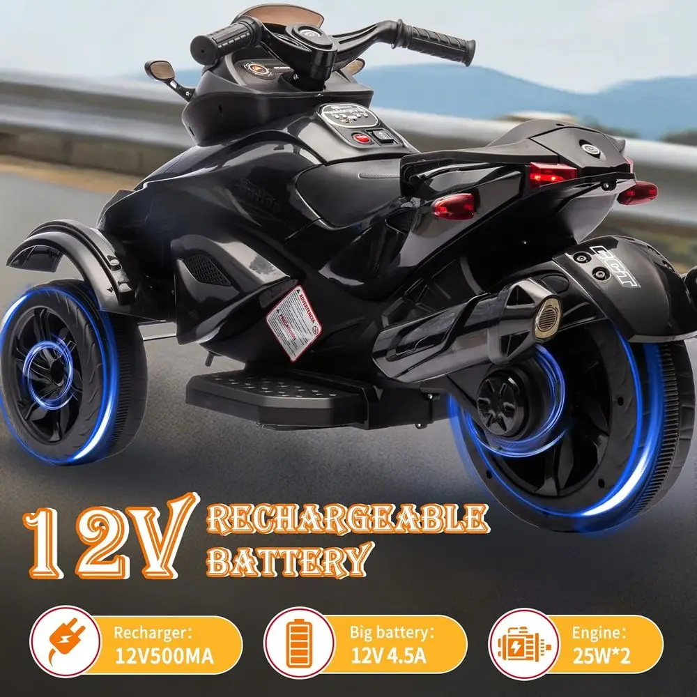 12V Kids Electric ATV, 3-Wheeler Motorcycle Ride on Toys for Toddlers w/Music, LED Lights, USB, One-Button Start, Black
