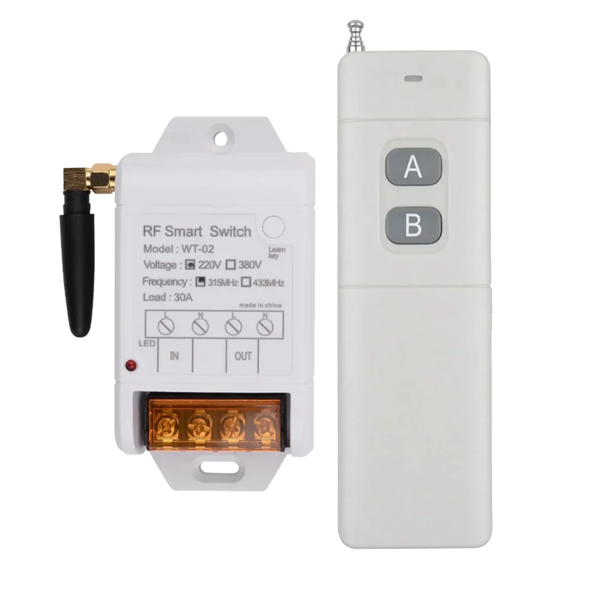 

ABBO-WT-02 AC 220V 1CH 30A Relay Wireless Remote Control Switch 433mhz Receiver + 3000M Transmitter for Water Pump LED Light