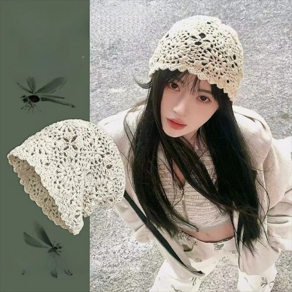 

Bohemian Style Crochet Flower Knitted Hat Handmade Korean Hollowed Out Beanie Cap Apparel Accessories Thin Ethnic Style Hat