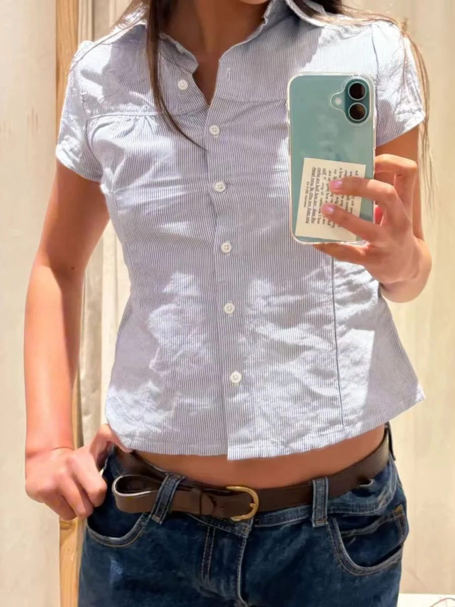 Blue Striped Short Sleeve Blouse Women Summer Peter Pan Collar Single Breasted Top Shirt Preppy Style Sweet Blouses Y2k 2025 New