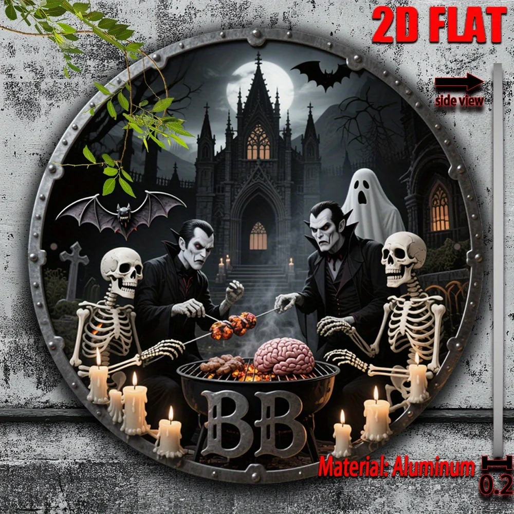 طباعة مسطحة ثنائية الأبعاد، قطعة واحدة من لافتة فنية جدارية معدنية بطابع مصاصي الدماء - لوحة زخرفية مستديرة من الألومنيوم مقاس 7.87 بوصة مع فنية قوطية، Skel #5