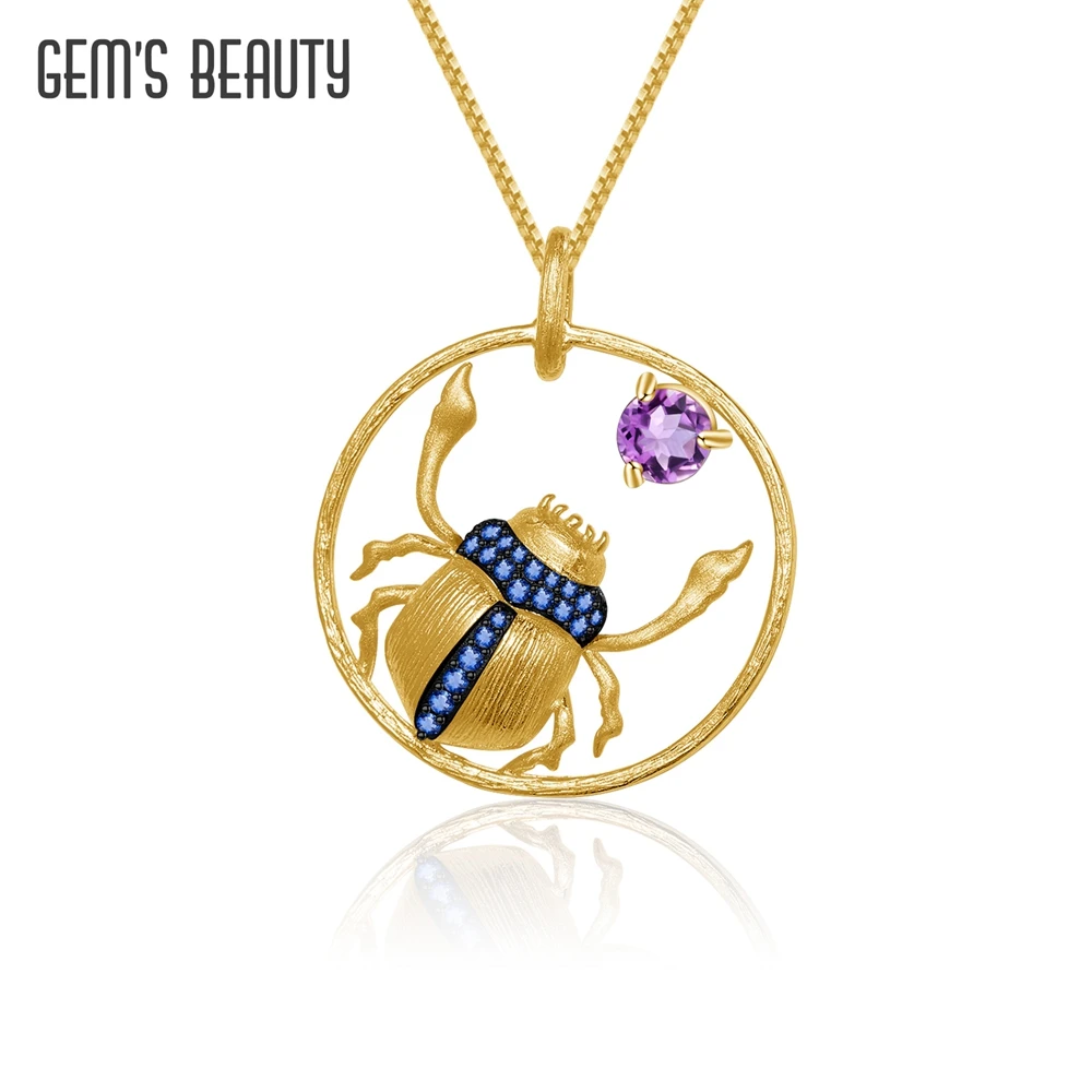 

GEM'S BEAUTY Scarab Insect Real 925 Sterling Silver Fine Jewelry 18K Gold Plated Pendant With Chain Necklace For Women Amethyst